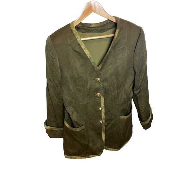 Hand Sewn Mossy Green V Neck Tunic Style Blazer with Decorative Buttons Sz 12 - Picture 3 of 10